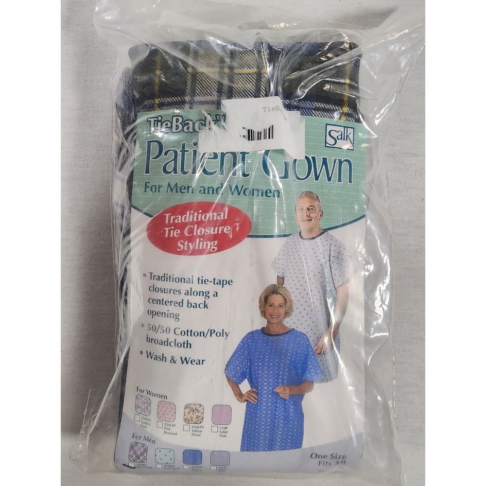 Salk Tie Back Patient Gown Unisex One Size Blue Plaid Comfort Collection 550BP